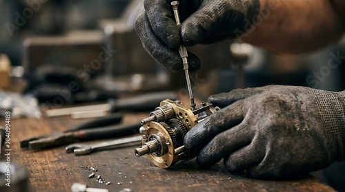 Close-up of mechanic hands in gloves repairing mechanical gear mechanism in workshop