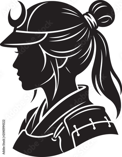 Bild auf Leinwand Female samurai warrior profile silhouette with traditional katana armor and pony