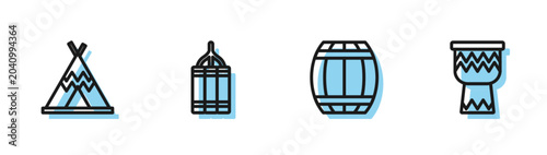 Принти на полотні Set line Gun powder barrel, Indian teepee or wigwam, Dynamite bomb and Drum icon