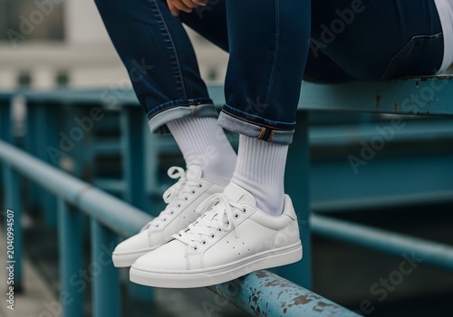 Fashionable young person wearing pristine white sneakers with rolled-up dark denim jeans and crisp white socks, poised casually on a weathered blue railing outdoors during daylight