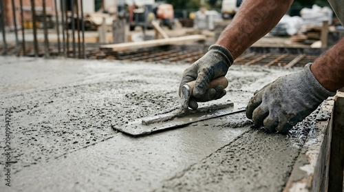 Construction worker leveling wet concrete with a trowel