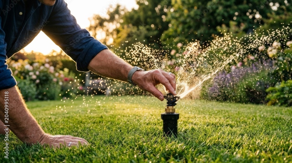 Naklejka premium White Gardener Adjusting Sprinkler Head At Dusk Closeup Of Fingers Turning Nozzle Water Droplets Sparkling Soft Evening Light Backyard Lawn Tactile Routine Maintenance Seasonal Care