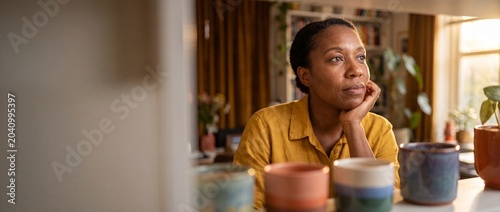 Thoughtful African American woman sitting at home looking out window in warm golden hour light, dreaming, pondering future plans, analyzing goals, and relaxing in a cozy room with ceramic coffee mugs.