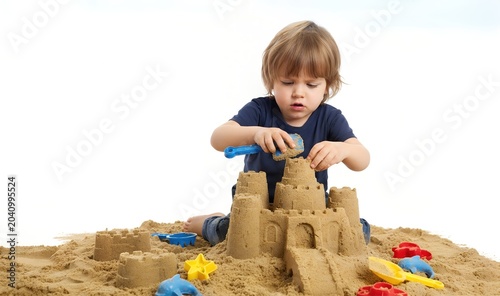 Child building sandcastle with toys on white background