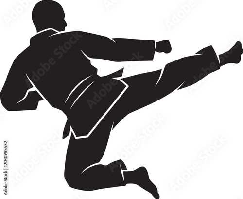 Slika na platnu Jumping karate kick silhouette vector illustration featuring a martial artist in