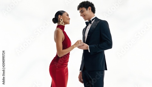 Elegant couple in formal attire sharing a romantic moment
