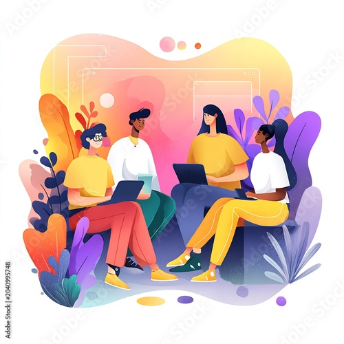 Colorful flat illustration of a diverse young team collaborating with laptops in a creative workspace