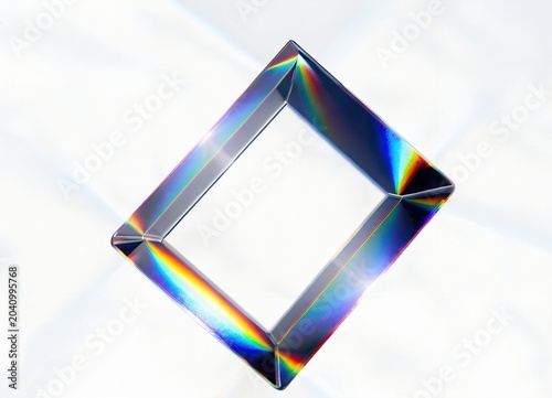 Abstract geometric prism with rainbow reflections on white background