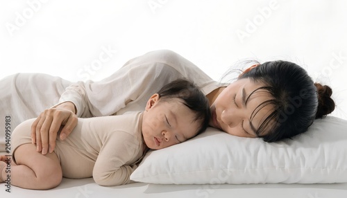Mother and baby sleeping peacefully on white pillow in serene setting