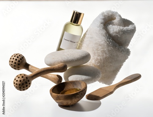 Spa essentials with natural bath accessories on white background