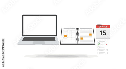 Laptop with open paper planner, October calendar and checklist for organization