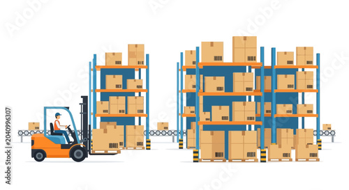 Forklift operator moving boxes in a large industrial warehouse with storage racks.