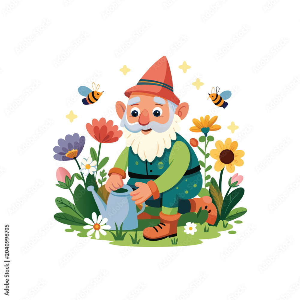 Fototapeta premium Gnome gardening with child in colorful flowers