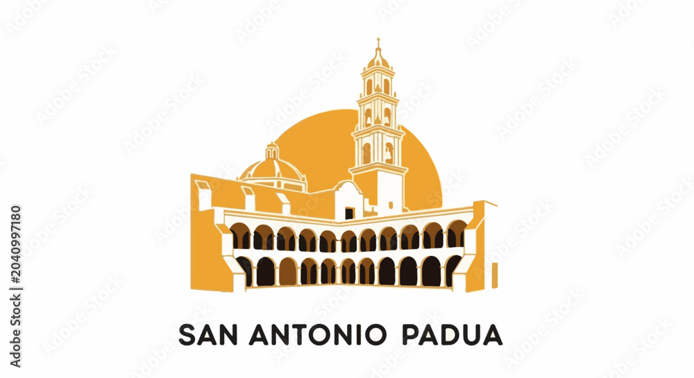Fototapeta premium Stylized illustration of a large historical building with a tower and dome, set against an orange sun