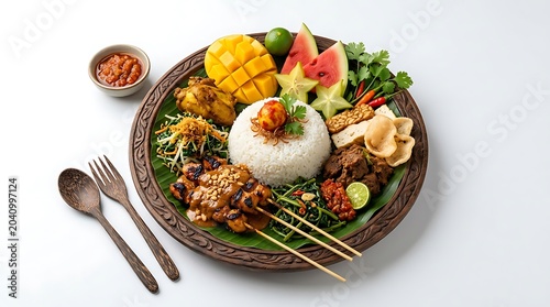 Traditional Indonesian Nasi Campur with Satay Rendang Rice and Tropical Fruits