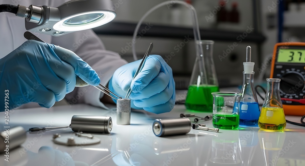 Fototapeta premium Gloved Scientist Handling Small Metal Component in Modern Laboratory