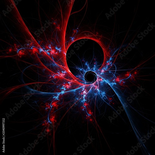 Swirling abstract fractal with red and blue glowing energy tendrils on black
