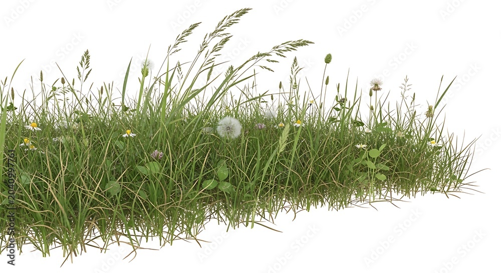Fototapeta premium Green grass and wildflowers isolated background.