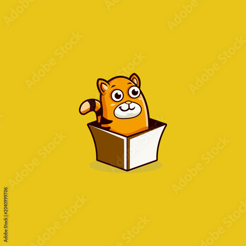 Schilderij op canvas Cute Cartoon Orange Cat Popping Out of Box Mascot Logo