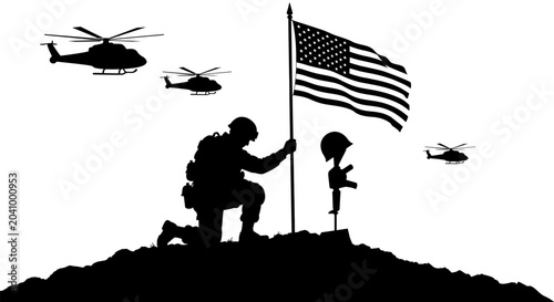 Canvas Print Sad usa army soldier kneeling in front of fallen comrade grave with american flag