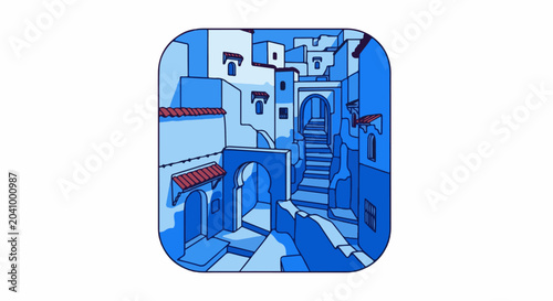 A vibrant blue monochromatic village scene with intricate stairways and archways