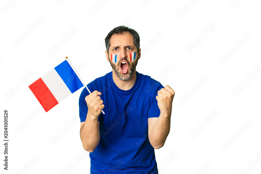 Naklejka premium French sports fan cheering passionately, celebrating victory with flag painted on cheeks