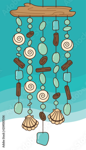 Obraz na plátně Wind Chime Set with Spiral Shell Ornaments and Teal Glass Tubes Hanging From a W