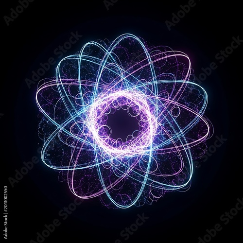 Swirling atomic structure with glowing blue and pink energy trails on black