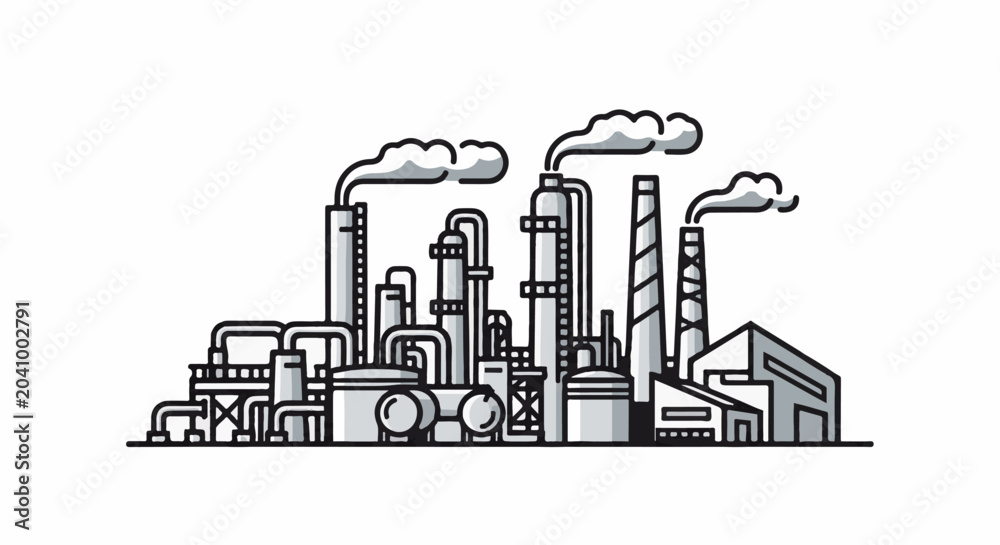 Fototapeta premium A stylized illustration of a complex industrial facility with smoking chimneys and interconnected pipes