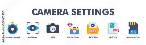 Photos CAMERA SETTINGS web banner icon vector illustration concept for business with ic