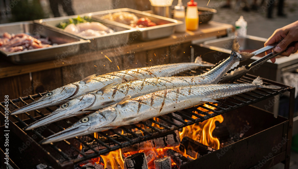 Obraz premium Fresh Whole Needlefish Grilling Over Open Fire Flames on Outdoor BBQ