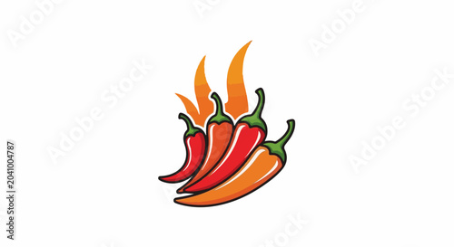 Four stylized chili peppers with vibrant orange flames erupting behind them