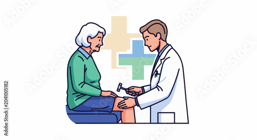 A medical professional tests a patient's knee reflex with a hammer, with medical symbols behind them