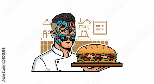 A chef with a colorful mask and mustache presents a large, layered sandwich on a wooden board