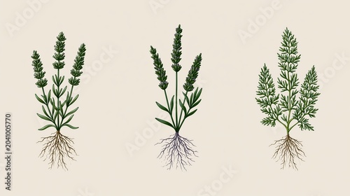 Minimalist scientific line illustration of lavender herbs with roots on a clean off-white background.