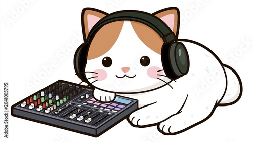 Whimsical vector illustration of a cartoon cat with headphones and a mixing console, presented as a vibrant and humorous pop music graphic.