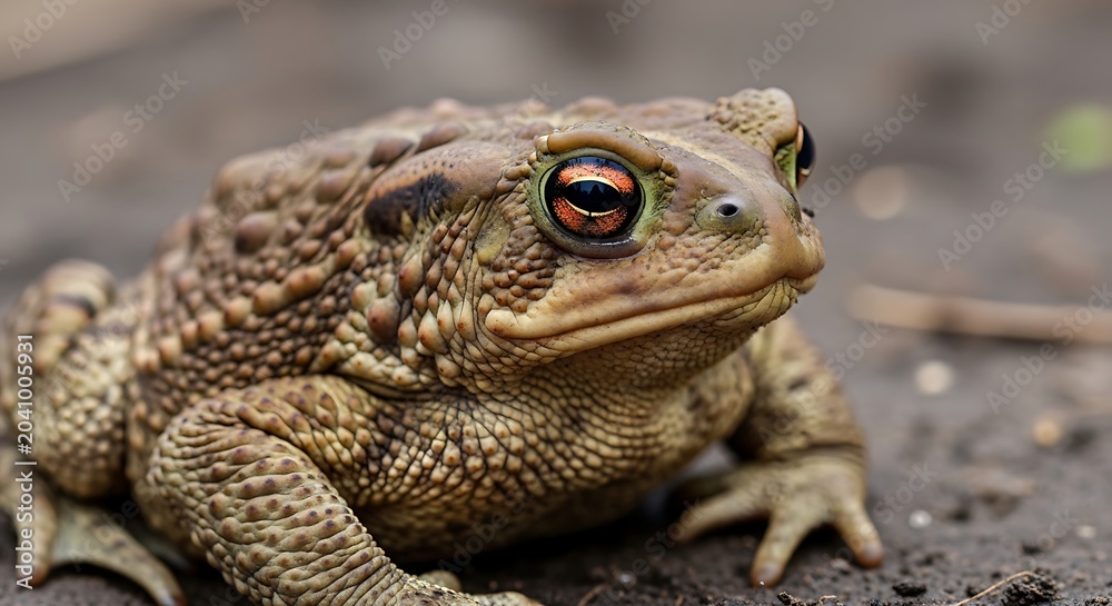 Fototapeta premium Close-up portrait of brown toad sitting on wet forest ground in natural habitat