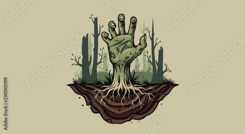 A green, pixelated zombie hand emerges from the earth in a desolate, dark forest