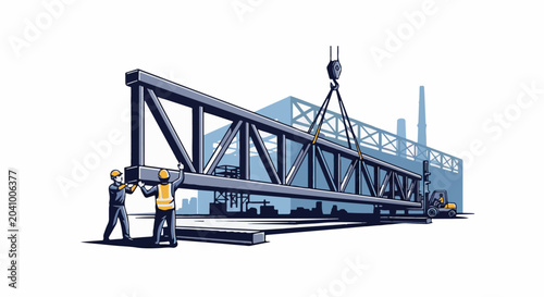 Workers guide a massive steel truss as a crane and forklift support industrial construction