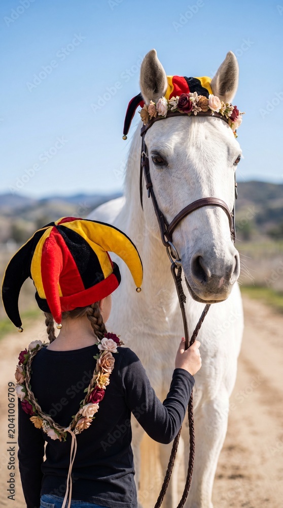 Obraz premium A young girl and a beautiful white horse both wearing matching colorful jester hats and floral wreaths, standing together on a scenic outdoor path.