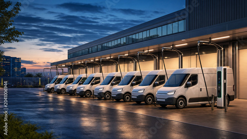 Delivery vans are parked side by side at a warehouse loading dock in the evening. The sky has shades of blue as lights illuminate the area.