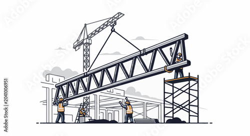 Construction workers use a crane to lift and place a large metal beam