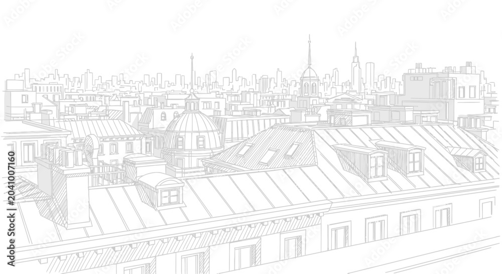 Fototapeta premium Cityscape Rooftop View Sketch - Architectural Drawing of Buildings and Skyline