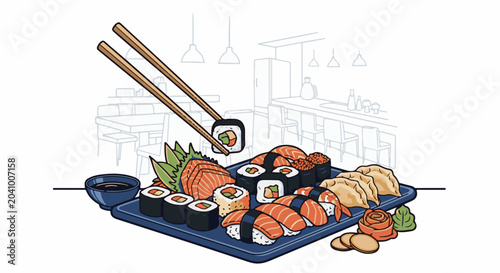 Delicious sushi platter with chopsticks, soy sauce, and restaurant background