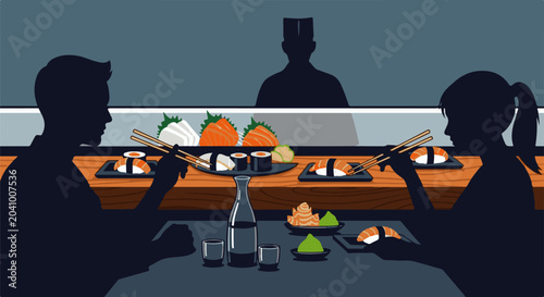 Silhouetted figures enjoy a sushi dinner, with a chef visible in the background