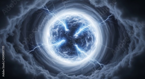 Swirling blue energy sphere with lightning bolts in dark cloudy vortex