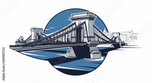 Stylized illustration of a suspension bridge spanning a river with city skyline backdrop