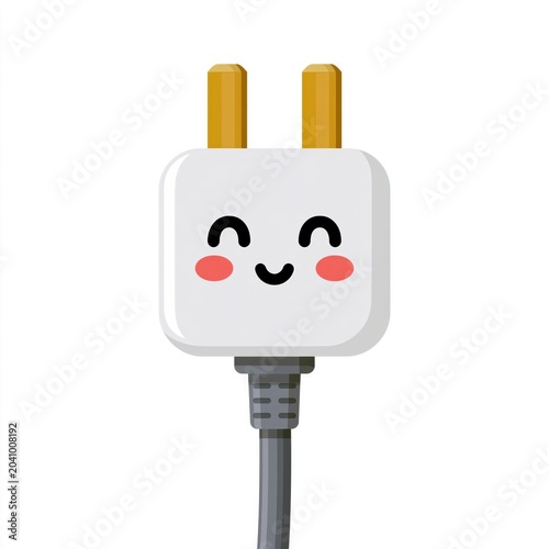 A clean minimalist cartoon illustration of a cute plug with a smiling face on a solid white background, perfect for a playful technology icon.