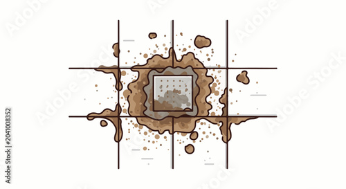 A spill of liquid on a tiled surface with a square object in the center