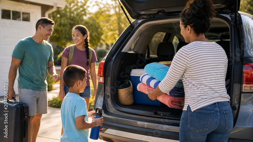 A family is getting ready for a day out. The parents and children are packing a car with coolers and towels. The scene shows excitement and preparation in a sunny driveway.